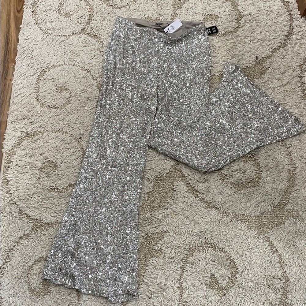 Express Silver Sequin Flare Pants